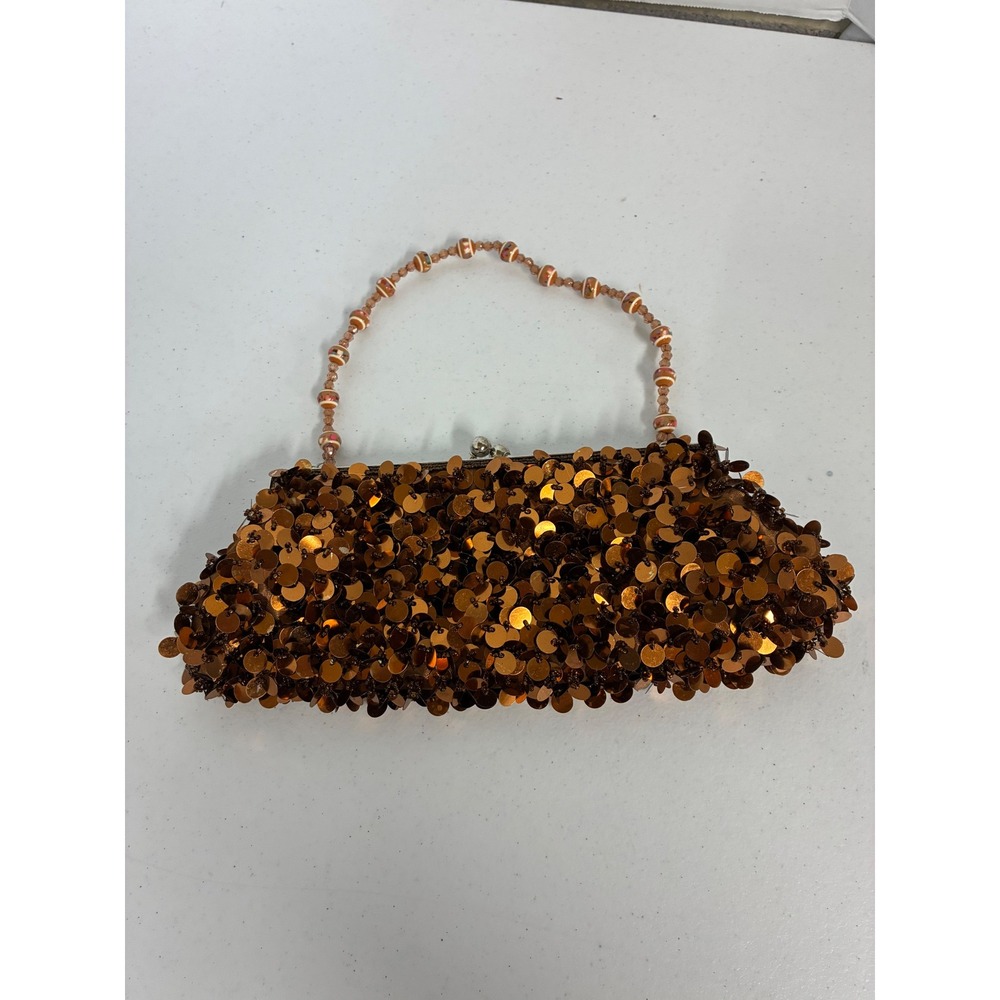 Vintage Copper Sequin Evening Clutch Bag Beaded Handle Bronze Kiss Lock Bag